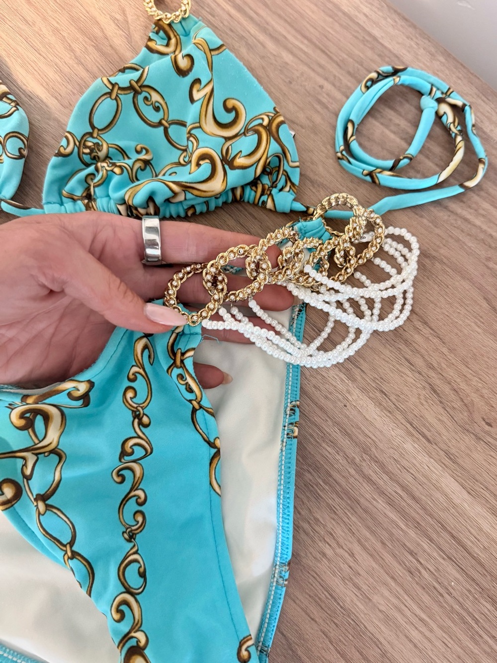 Beach Bunny Turquoise & Gold Chain Print String Bikini - Picture 3 of 6
